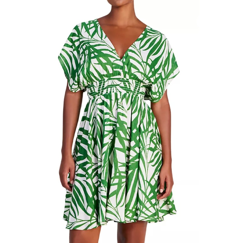 Kate Spade New York Green Palm Leaf Print Smocked Mini Dress XS Tropical Summer